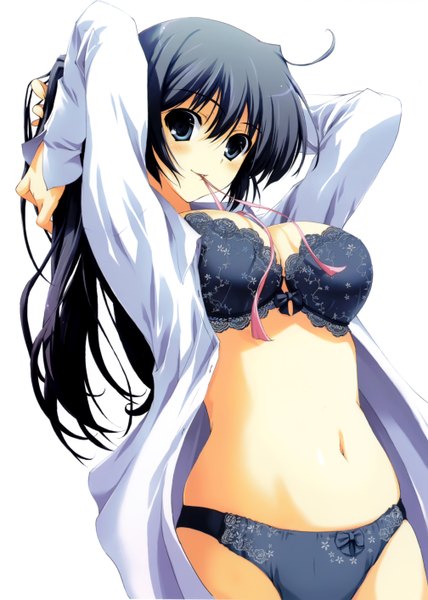 Anime picture 4032x5656 with tomose shunsaku single long hair tall image highres blue eyes light erotic black hair simple background white background holding absurdres ahoge open clothes midriff open shirt underwear only mouth hold ribbon in mouth girl
