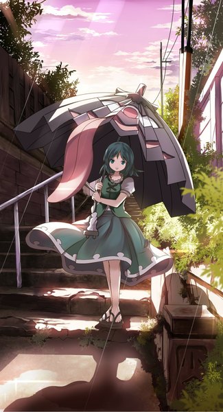 Anime picture 1254x2314 with touhou tatara kogasa risutaru single tall image looking at viewer short hair blue eyes blue hair sunlight long tongue girl skirt plant (plants) tongue umbrella stairs sandals fence power lines