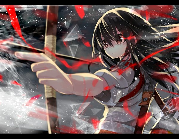 Anime picture 1143x886 with kantai collection akagi aircraft carrier nekoboshi sakko single long hair fringe black hair holding brown eyes looking away outstretched arm letterboxed girl weapon bow (weapon) arrow (arrows) debris