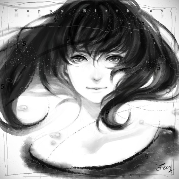 Anime picture 1440x1440 with original eiy (artist) single long hair looking at viewer black hair signed light smile wind inscription grey eyes monochrome face happy birthday girl