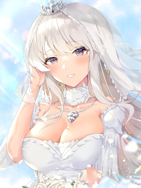 Anime picture 2048x2732 with azur lane enterprise (azur lane) enterprise (starlight oath) (azur lane) futon fly away single long hair tall image looking at viewer blush fringe highres breasts light erotic smile large breasts purple eyes bare shoulders holding sky cleavage