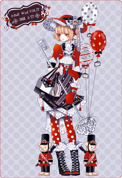 Anime picture 977x1430 with original hamondo single tall image blush fringe short hair blonde hair standing purple eyes holding looking away full body blunt bangs inscription high heels framed lacing polka dot girl