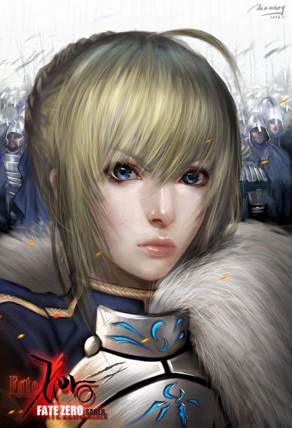 Anime picture 1411x2067 with fate (series) fate/stay night fate/zero studio deen type-moon artoria pendragon (all) saber monkey (weibo) tall image looking at viewer short hair blue eyes blonde hair ahoge lips realistic army girl armor fur