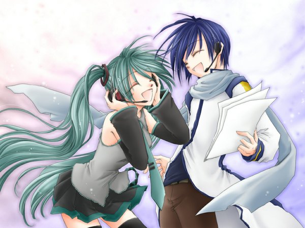 Anime picture 1024x768 with vocaloid hatsune miku kaito (vocaloid) fujie long hair twintails very long hair happy girl thighhighs skirt necktie scarf headset