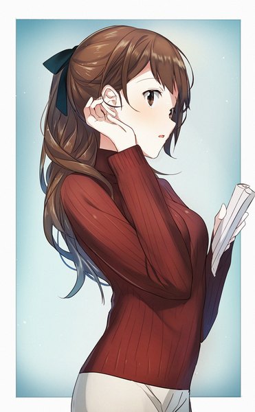 Anime picture 600x970 with original weee (raemz) single long hair tall image blush fringe breasts simple background brown hair holding brown eyes looking away upper body ponytail parted lips adjusting hair border blue background girl
