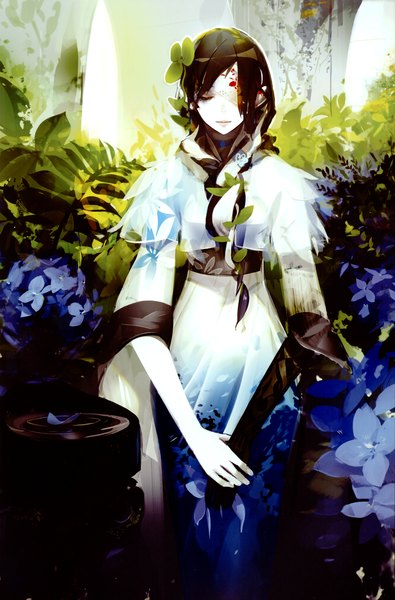 Anime picture 2299x3493 with poppic oriental (artbook) original panamaman single long hair tall image highres black hair eyes closed hair flower bandage over one eye girl dress hair ornament flower (flowers) plant (plants) petals blood single glove hydrangea