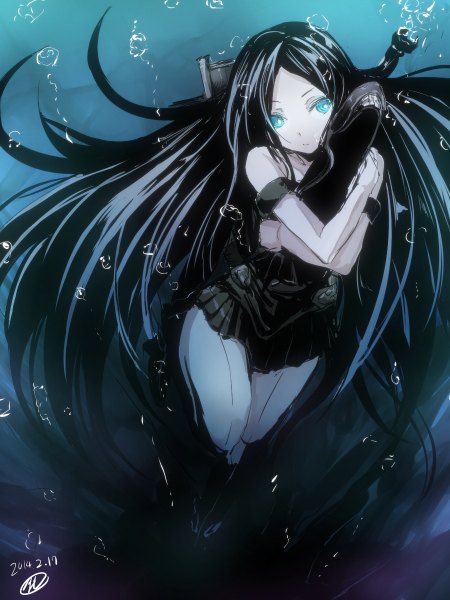 Anime picture 900x1200 with kantai collection ka-class submarine gin'ichi (akacia) single tall image looking at viewer fringe blue eyes black hair signed very long hair pleated skirt from above midriff hug floating hair glowing dated underwater shinkaisei-kan