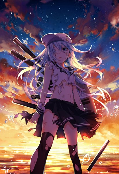 Anime picture 686x1000 with kantai collection hibiki destroyer verniy destroyer yuzuki kihiro single long hair tall image fringe blue eyes looking away sky cloud (clouds) white hair hair over one eye torn clothes evening sunset girl thighhighs skirt