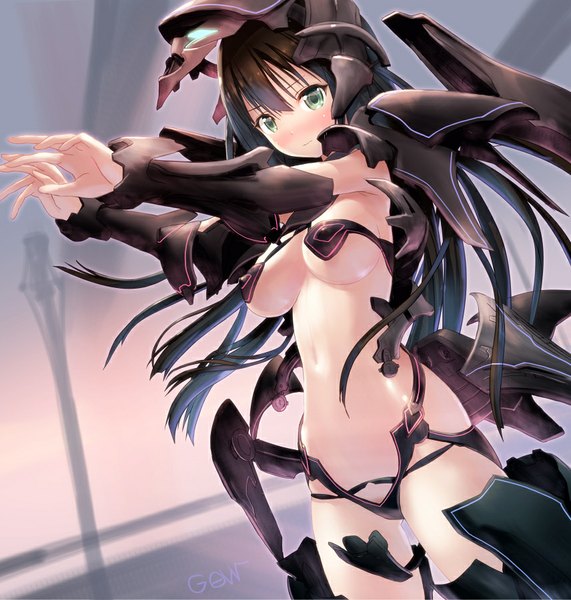 Anime picture 856x900 with idolmaster idolmaster cinderella girls shibuya rin tougetsu gou single long hair tall image blush fringe breasts light erotic brown hair standing green eyes embarrassed outstretched arm underboob undressing mecha musume girl