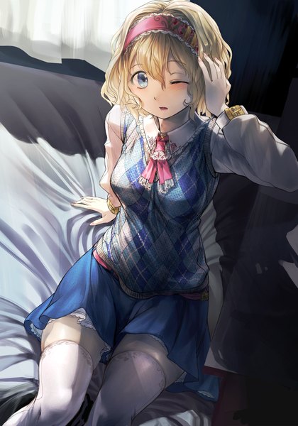 Anime picture 840x1200 with touhou alice margatroid geppewi single tall image looking at viewer blush fringe short hair breasts open mouth blue eyes blonde hair indoors zettai ryouiki rhombus girl thighhighs skirt shirt