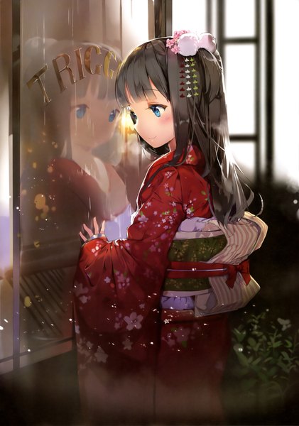 Anime picture 2876x4100 with original anmi single long hair tall image blush highres blue eyes black hair traditional clothes japanese clothes scan reflection girl hair ornament kimono obi