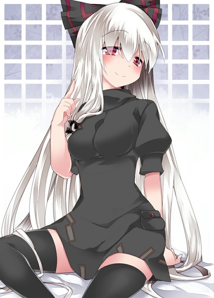 Anime picture 720x1000 with touhou fujiwara no mokou hammer (sunset beach) single long hair tall image looking at viewer blush fringe breasts smile red eyes large breasts sitting twintails white hair short sleeves girl thighhighs dress