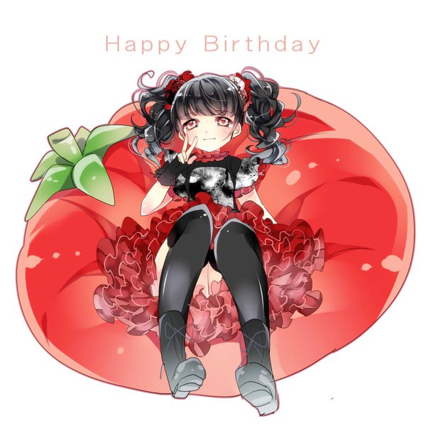 Anime picture 900x900 with babymetal mizuno yui ayumaru (art of life) single blush fringe short hair black hair simple background red eyes white background twintails blunt bangs short twintails victory wavy hair reclining happy birthday girl thighhighs