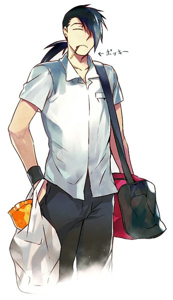 Anime picture 593x1023 with fullmetal alchemist studio bones ling yao grey1109 single long hair tall image black hair simple background white background holding eyes closed mouth hold hand in pocket boy shirt food white shirt sweets pants