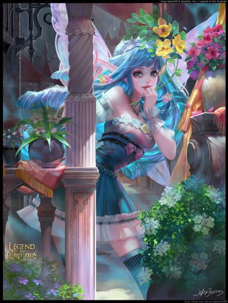 Anime picture 1000x1327 with legend of the cryptids yu-han single long hair tall image looking at viewer blue eyes smile blue hair lips pointy ears girl dress flower (flowers)