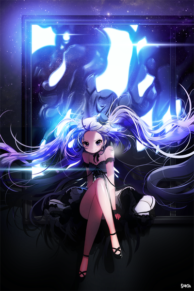 Anime picture 600x900 with original sorolp single long hair tall image looking at viewer smile twintails purple eyes bare shoulders signed purple hair bent knee (knees) bare legs sparkle legs crossed legs glow smirk girl
