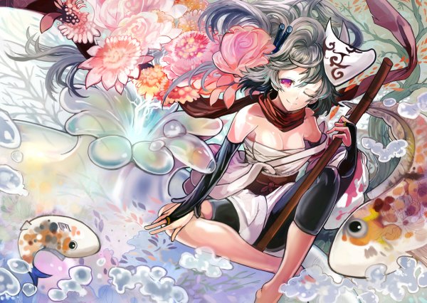 Anime picture 1200x853 with original ryuuri susuki (artist) single long hair smile bare shoulders one eye closed barefoot grey hair wink multicolored eyes mask on head girl hair ornament flower (flowers) sword katana mask bandage (bandages) bubble (bubbles)