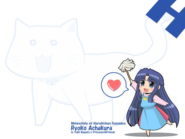Anime picture 1024x768 with suzumiya haruhi no yuutsu suzumiya haruhi-chan no yuuutsu kyoto animation asakura ryouko shamisen (suzumiya haruhi) white background blue hair girl cat