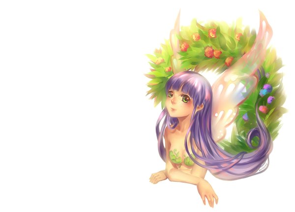 Anime picture 1800x1300 with kaminary single long hair looking at viewer fringe highres simple background white background bare shoulders green eyes purple hair light smile sleeveless crossed arms transparent freckles girl flower (flowers) wings wreath