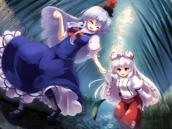 Anime picture 1600x1200 with touhou fujiwara no mokou kamishirasawa keine gengetsu chihiro long hair blush open mouth red eyes multiple girls silver hair purple hair eyes closed holding hands bamboo forest girl bow 2 girls plant (plants) hair bow hat