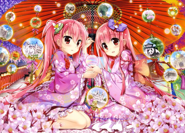 Anime picture 5667x4091 with original eshi 100-nin ten fujima takuya blush highres open mouth red eyes multiple girls pink hair absurdres very long hair traditional clothes japanese clothes official art loli cherry blossoms girl hair ornament flower (flowers) bow
