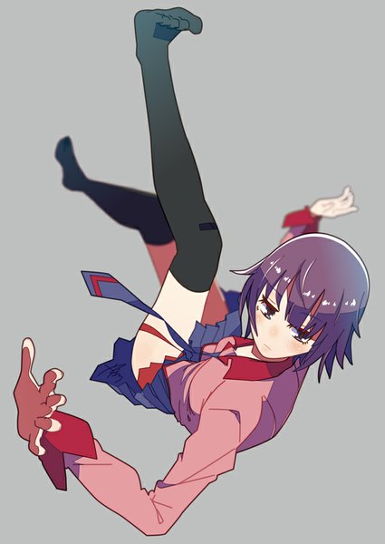 Anime picture 637x900 with bakemonogatari shaft (studio) monogatari (series) senjougahara hitagi yadokugaeru (artist) single tall image blush fringe short hair simple background purple eyes looking away purple hair full body grey background no shoes spread arms falling girl