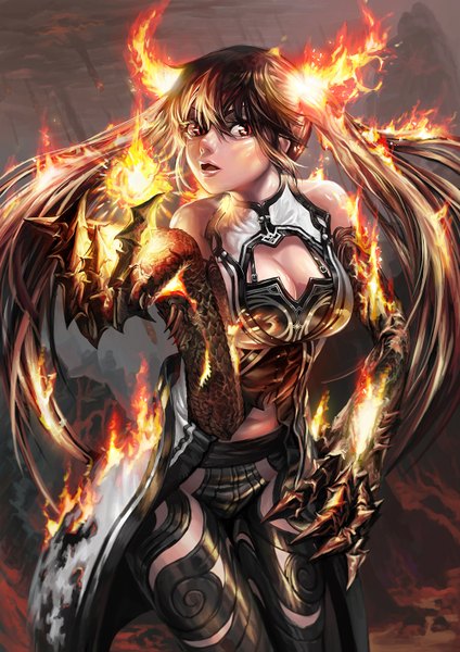 Anime picture 1000x1415 with original modare single long hair tall image looking at viewer fringe breasts open mouth red eyes brown hair twintails bare shoulders cleavage glowing cleavage cutout mutation girl fire claws