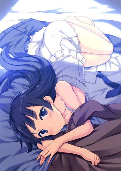 Anime picture 800x1131 with ore no imouto ga konna ni kawaii wake ga nai gokou ruri peach88 single long hair tall image looking at viewer blush fringe blue eyes black hair bent knee (knees) lying barefoot bare legs :o on side girl dress sundress