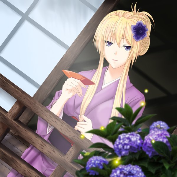 Anime picture 2000x2000 with touhou yakumo yukari jishou roukyuu single long hair looking at viewer highres blonde hair purple eyes traditional clothes japanese clothes hair flower girl hair ornament flower (flowers) kimono hydrangea sakazuki