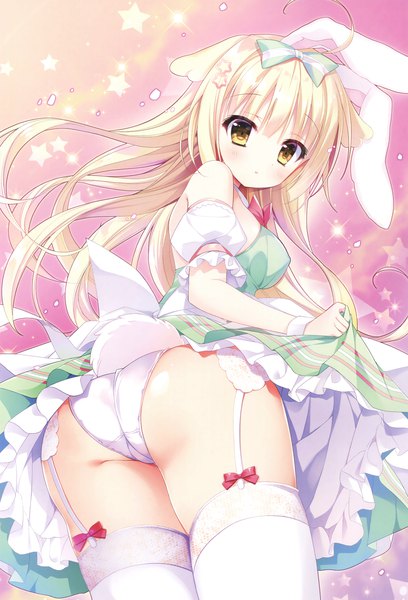 Anime picture 2382x3500 with melonbooks shiwasu horio single long hair tall image fringe highres light erotic blonde hair animal ears yellow eyes ahoge ass tail animal tail scan from below bunny ears bunny tail girl