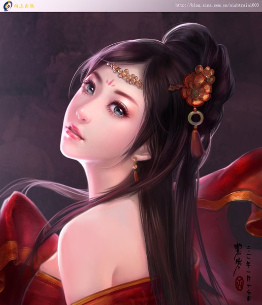 Anime picture 1400x1628 with yu-han single long hair tall image looking at viewer breasts blue eyes black hair bare shoulders looking back lips facial mark girl hair ornament earrings