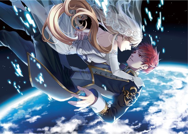 Anime picture 2836x2024 with original karasumaru emu long hair fringe highres blonde hair red eyes bare shoulders cloud (clouds) red hair parted lips fingernails light smile lips bare back face to face eye contact girl dress boy