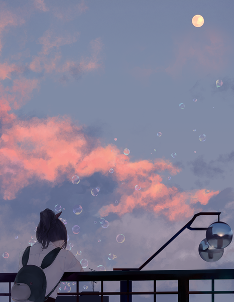 Anime picture 932x1200 with original sousou (sousouworks) single long hair tall image black hair sky cloud (clouds) ponytail from behind evening sunset girl moon full moon bubble (bubbles) lantern backpack