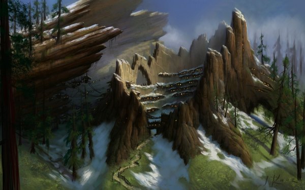 Anime picture 1920x1200 with world of warcraft blizzard entertainment tagme (artist) highres wide image city snow cityscape landscape fantasy plant (plants) tree (trees) path