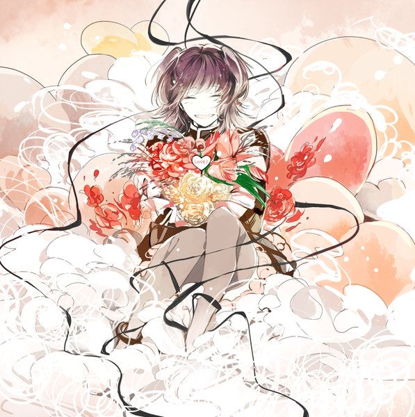 Anime picture 1000x1005 with d.gray-man lenalee lee hagi (pixiv 2249236) single long hair tall image black hair smile sitting eyes closed happy knees touching girl thighhighs flower (flowers) jacket heart bouquet