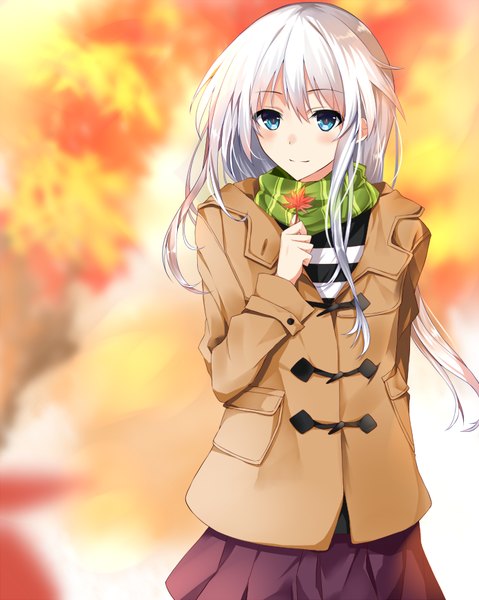 Anime picture 695x871 with original tsuedzu single long hair tall image blush blue eyes smile holding looking away outdoors white hair pleated skirt arm up arm behind back autumn girl skirt scarf leaf (leaves)