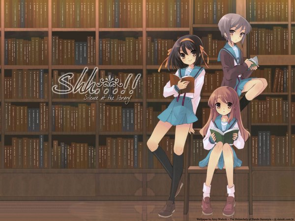 Anime picture 1600x1200 with suzumiya haruhi no yuutsu kyoto animation suzumiya haruhi nagato yuki asahina mikuru highres indoors wallpaper girl uniform school uniform book (books) library