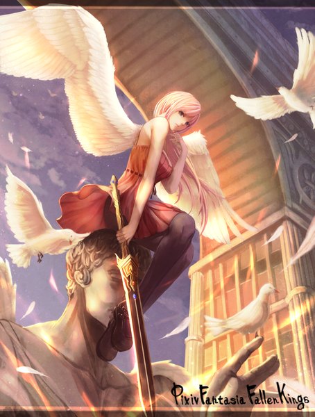 Anime picture 930x1228 with original pixiv fantasia pixiv fantasia fallen kings yazuwo long hair tall image blue eyes blonde hair sitting girl dress weapon animal sword wings bird (birds) feather (feathers) statue pigeon