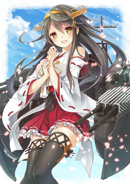 イラスト 608x860 と 艦隊これくしょん 榛名(艦これ) ぬぬっこ ソロ 長髪 長身像 カメラ目線 赤面 開いた口 黒髪 肩出し 黄色眼 nontraditional miko 女の子 ストッキング 髪飾り 武器 黒ストッキング 袖だけ 花弁