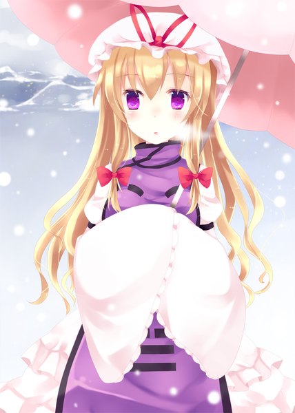 Anime picture 750x1050 with touhou yakumo yukari ajiriko single long hair tall image looking at viewer blonde hair purple eyes snowing winter exhalation girl dress bow hair bow umbrella bonnet