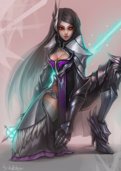 Anime picture 936x1321 with hellcherr single long hair tall image breasts black hair red eyes looking away cleavage lips high heels glowing glowing weapon girl gloves weapon sword boots armor thigh boots