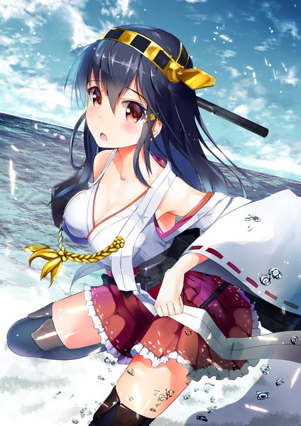 Anime picture 744x1052 with kantai collection haruna battleship henet hene single long hair tall image looking at viewer blush open mouth black hair brown eyes sky cleavage cloud (clouds) traditional clothes japanese clothes :o horizon nontraditional miko girl