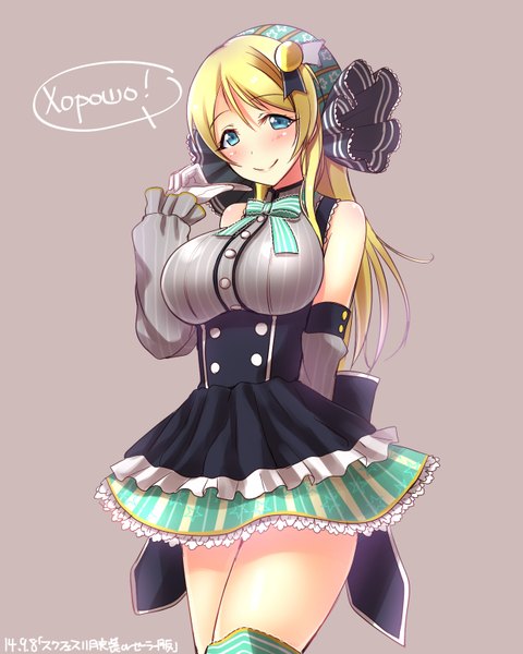 Anime picture 1240x1550 with love live! school idol project sunrise (studio) love live! ayase eli yu-ta single long hair tall image looking at viewer blush breasts blue eyes light erotic simple background blonde hair smile large breasts alternate costume text alternate hairstyle