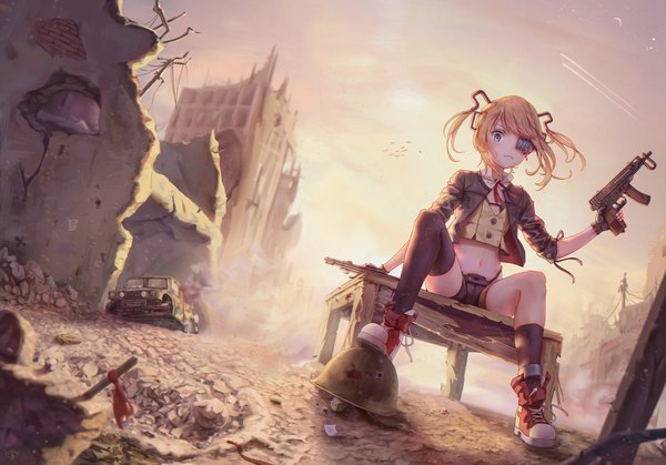 Anime picture 2339x1634 with girls frontline vz 61 (girls frontline) jay xu single long hair blush fringe highres light erotic blonde hair sitting twintails signed sky ahoge bent knee (knees) outdoors aqua eyes sunlight blurry