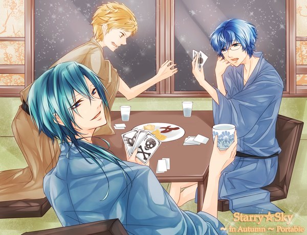 Anime picture 1200x920 with starry sky naoshi haruki hoshizuki kotarou mizushima iku saku tadashi short hair blue eyes blue hair japanese clothes looking back from behind orange hair aqua hair group skull and crossbones skull print boy glasses window table