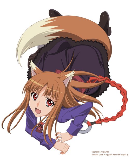 Anime picture 6000x7202 with spice and wolf horo long hair tall image highres open mouth simple background smile red eyes brown hair white background absurdres reclining vector wolf ears wolf tail wolf girl girl