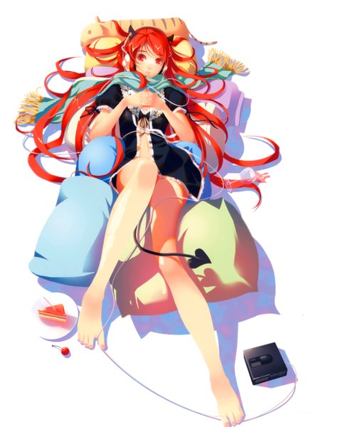 Anime picture 4656x5726 with original vofan single long hair tall image blush highres light erotic red eyes white background absurdres red hair lying nail polish barefoot horn (horns) from above scan open clothes shadow
