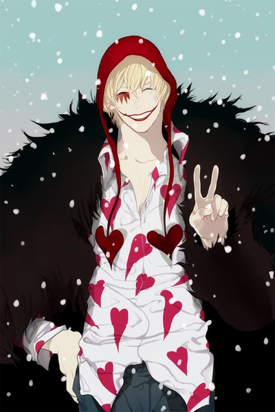Anime picture 1000x1500 with one piece toei animation donquixote rocinante xianrou men tobi0728 single tall image short hair blonde hair smile eyes closed hand on hip lipstick facial mark victory snowing winter open collar red lipstick heart print