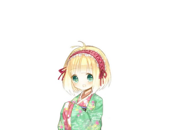 Anime picture 1024x768 with ao no exorcist a-1 pictures moriyama shiemi single blush short hair open mouth blonde hair white background green eyes japanese clothes girl hairband kimono child (children)