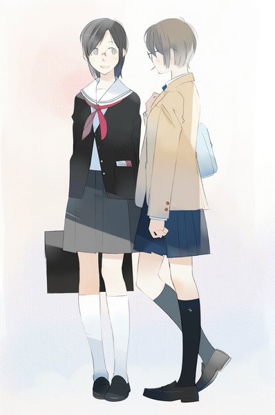 Anime picture 740x1114 with original thomas (pixiv 6378) tall image blush short hair black hair simple background brown hair standing multiple girls looking away bent knee (knees) parted lips profile grey background grey eyes hands behind back girl uniform 2 girls